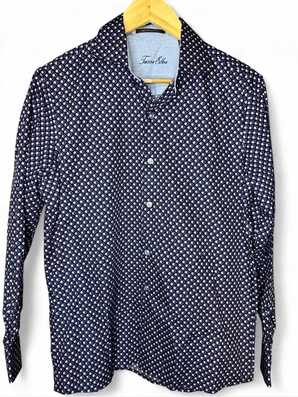 Tasso Elba Men's Navy Geometric Print Button-Down Shirt Small